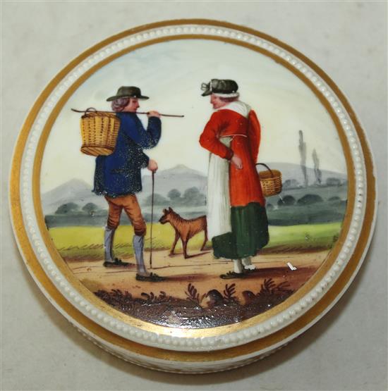 An English porcelain circular box and cover, possibly Chamberlains, c.1815-20, diameter 9cm, tiny splinter chips